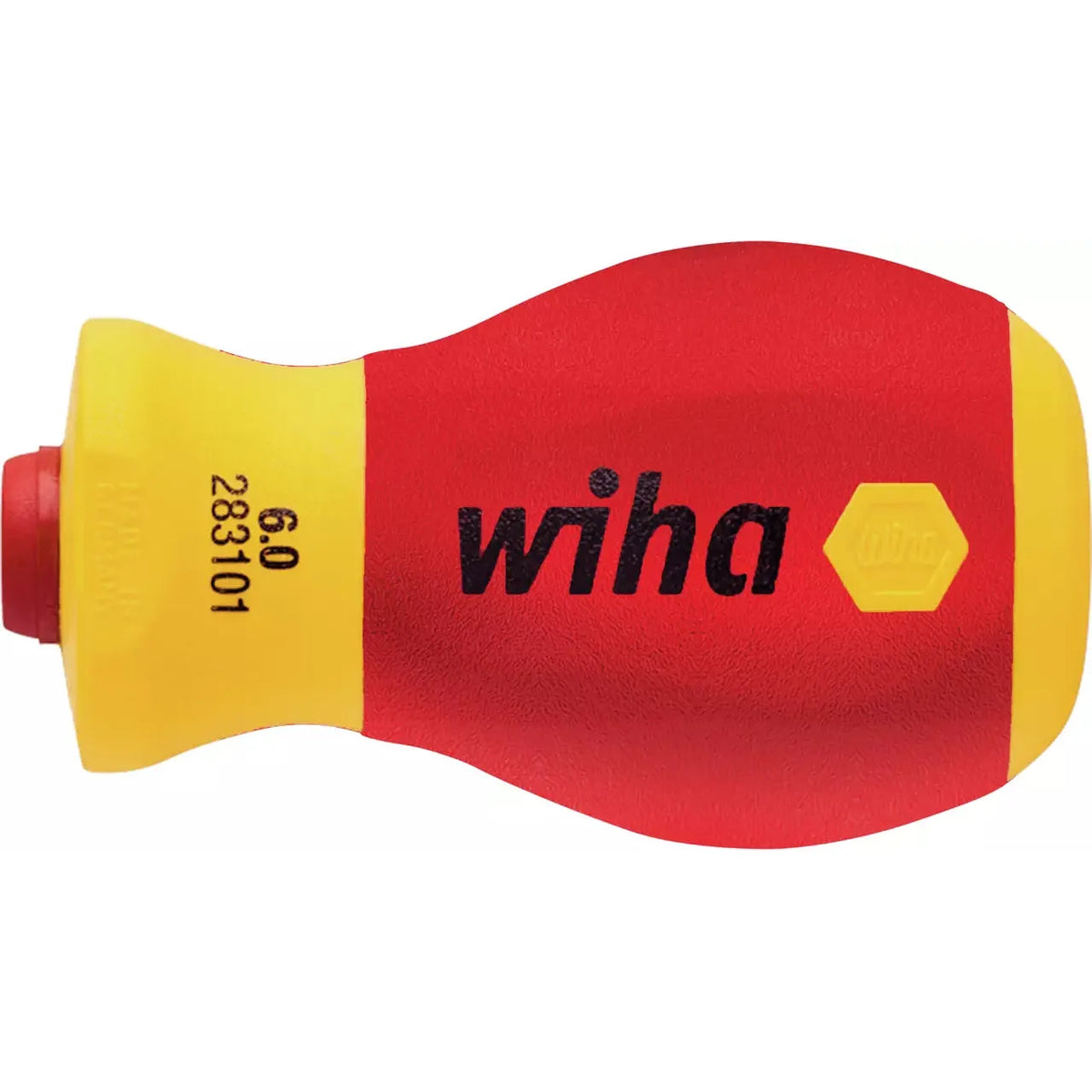 Red and yellow screwdriver handle with black text