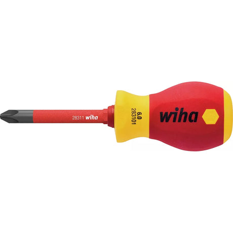 Red and yellow stubby screwdriver with bit, insulated handle.