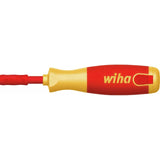 Red and yellow electric screwdriver with a round handle and brand logo.