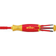 Red and yellow electric screwdriver with multiple bits stored inside the handle.