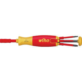 Red and yellow electric screwdriver with multiple bits stored inside the handle.