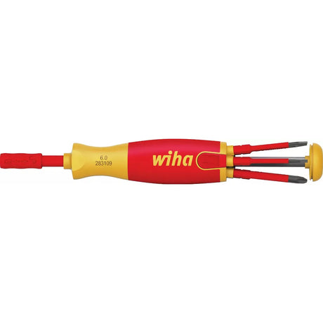 Red and yellow electric screwdriver with multiple bits stored inside the handle.