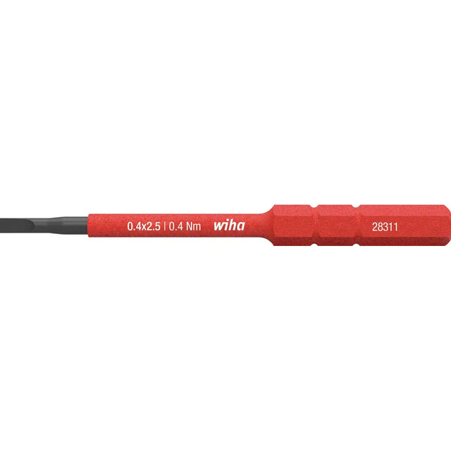 Slotted 2.5mm – Red screwdriver bit with flat tip and printed specifications.