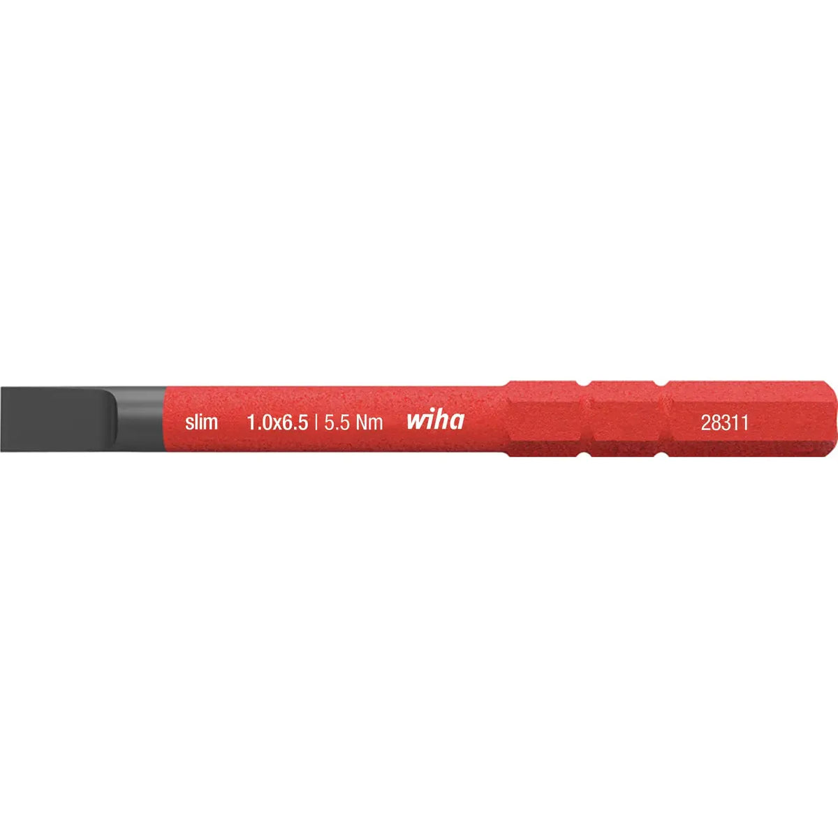 Slotted 6.5mm – Red screwdriver bit with black tip, labeled "slim 1.0x6.5 | 5.5 Nm wiha 28311".