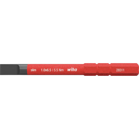 Slotted 6.5mm – Red screwdriver bit with black tip, labeled "slim 1.0x6.5 | 5.5 Nm wiha 28311".