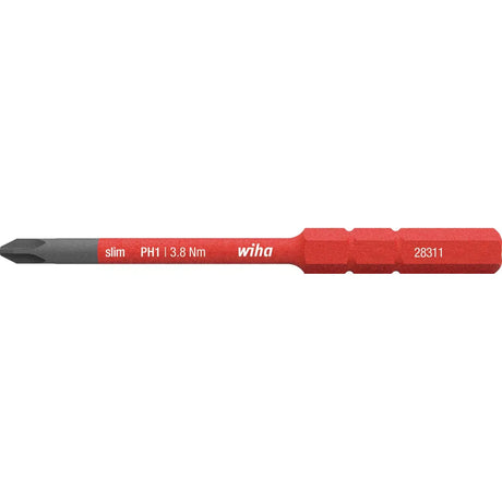 Phillips PH1 – Red and black Phillips screwdriver bit labeled "slim PH1 | 3.8 Nm".
