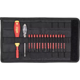 17-piece – Mixed – Electric screwdriver set with multiple red bits in a black fabric case.