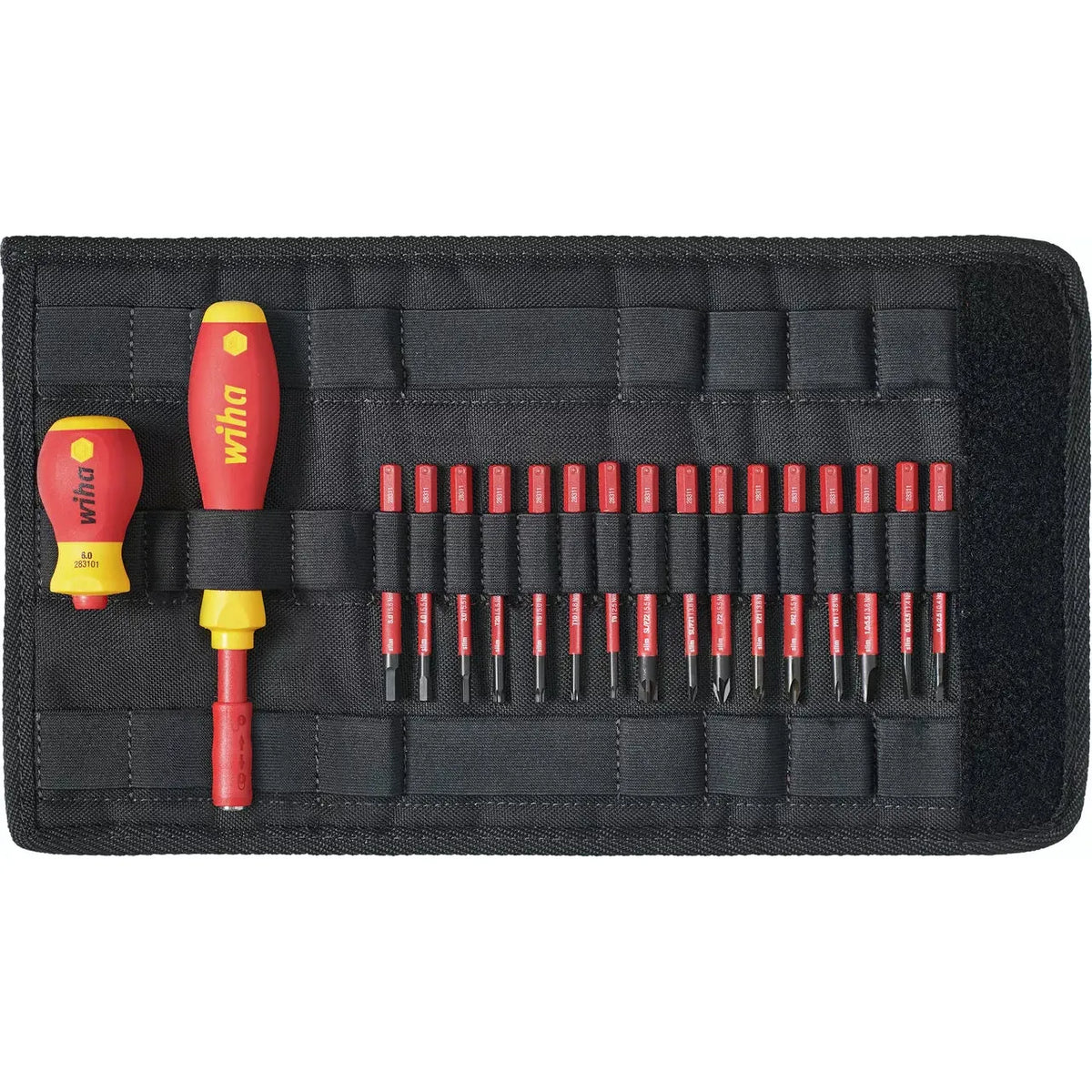 19-piece – Mixed – Set of red and yellow insulated screwdrivers and bits in a black tool pouch.