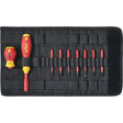 10-piece – Slotted, Phillips & Pozidriv – Set of red and yellow screwdrivers and bits in a black fabric holder.