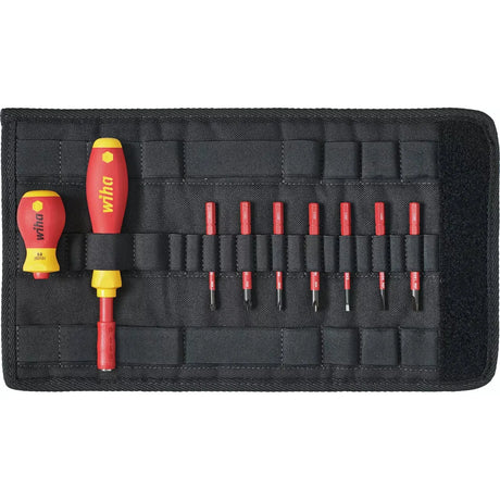 10-piece – Slotted, Phillips & Pozidriv – Set of red and yellow screwdrivers and bits in a black fabric holder.