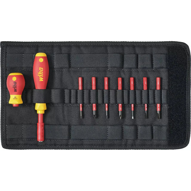 10-piece – Slotted, Phillips & Pozidriv – Set of red and yellow screwdrivers and bits in a black fabric holder.