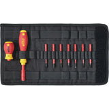 10-piece – Slotted, Pozidriv & PlusMinus – Electric screwdriver set with red and yellow handles and multiple bits in a black pouch.