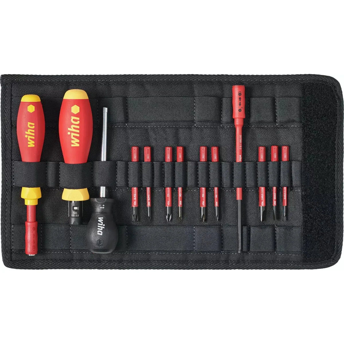 14-piece – Tool set with two screwdrivers and multiple red bits in a black fabric case.