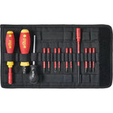 14-piece – Tool set with two screwdrivers and multiple red bits in a black fabric case.