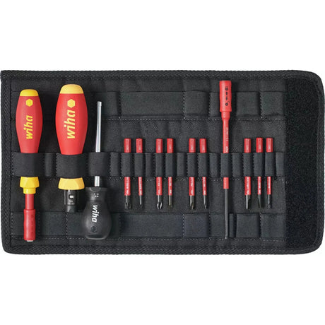 14-piece – Tool set with two screwdrivers and multiple red bits in a black fabric case.