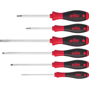 Six screwdrivers with red and black handles, including flat and Phillips heads.