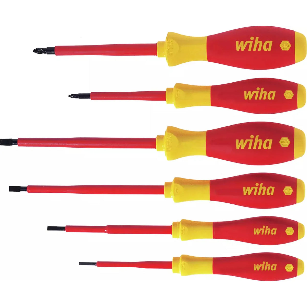 Slotted & Pozidriv – Set of six red and yellow electric screwdrivers with ergonomic handles