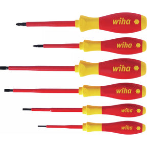 Slotted & Pozidriv – Set of six red and yellow electric screwdrivers with ergonomic handles