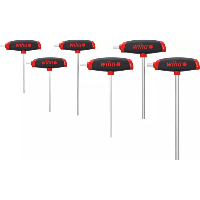 A set of six L-keys with red and black handles, featuring chrome shafts.