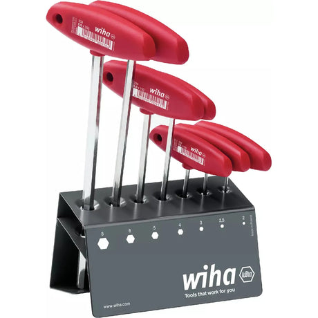 Red-handled hex key set in a gray stand