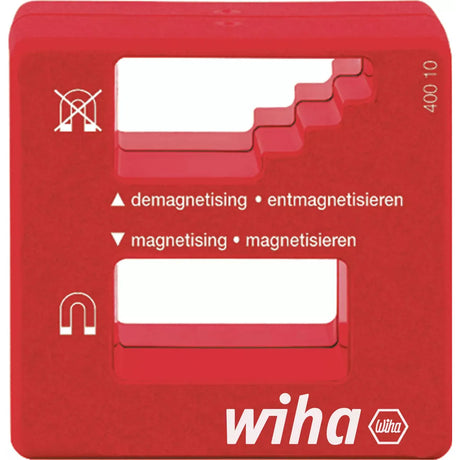Red magnetizer/demagnetizer tool with grooves and white text