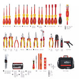 Tool set with various insulated screwdrivers, pliers, cutters, hex keys, ratchet, and tool case.