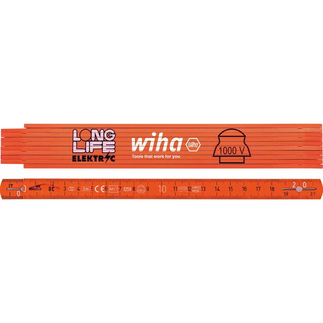 Orange folding ruler with markings and electrical insulation symbol.