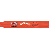 Orange folding ruler with electrical safety markings and branding