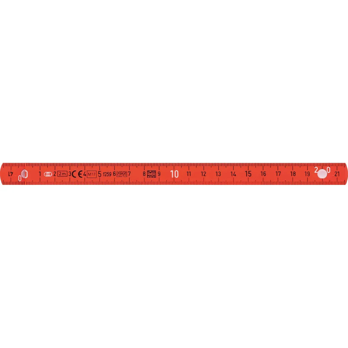 Red measuring stick with black markings and symbols, showing centimeters from 1 to 21.
