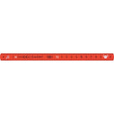 Red measuring stick with black markings and symbols, showing centimeters from 1 to 21.