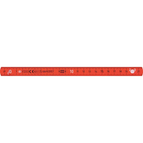 Red measuring stick with black markings and symbols, showing centimeters from 1 to 21.