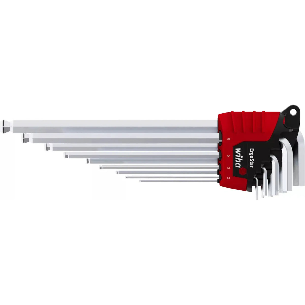 Set of silver hex keys in a red and black holder labeled ErgoStar.