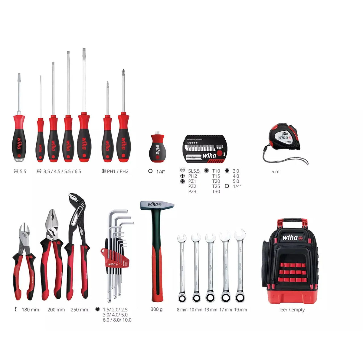 Tool set with screwdrivers, pliers, hex keys, hammer, wrenches, tape measure, and backpack