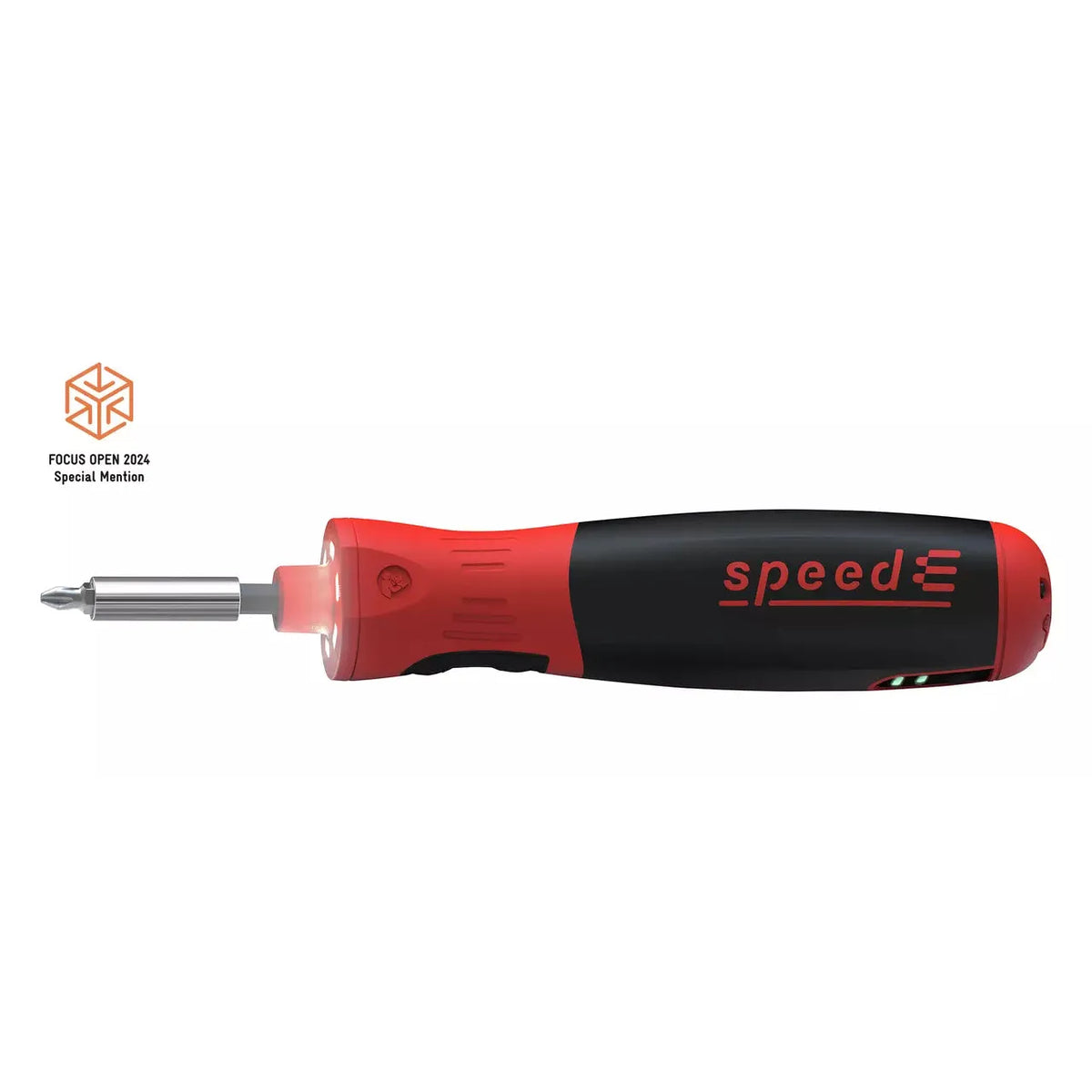 Red and black electric screwdriver with a metal bit, labeled "speedE".