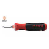 Red and black electric screwdriver with a metal bit, labeled "speedE".