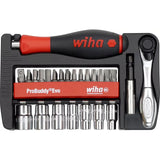 Tool set with screwdriver, multiple bits, sockets, and a ratchet handle in a red and black case.