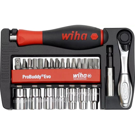 Tool set with screwdriver, multiple bits, sockets, and a ratchet handle in a red and black case.