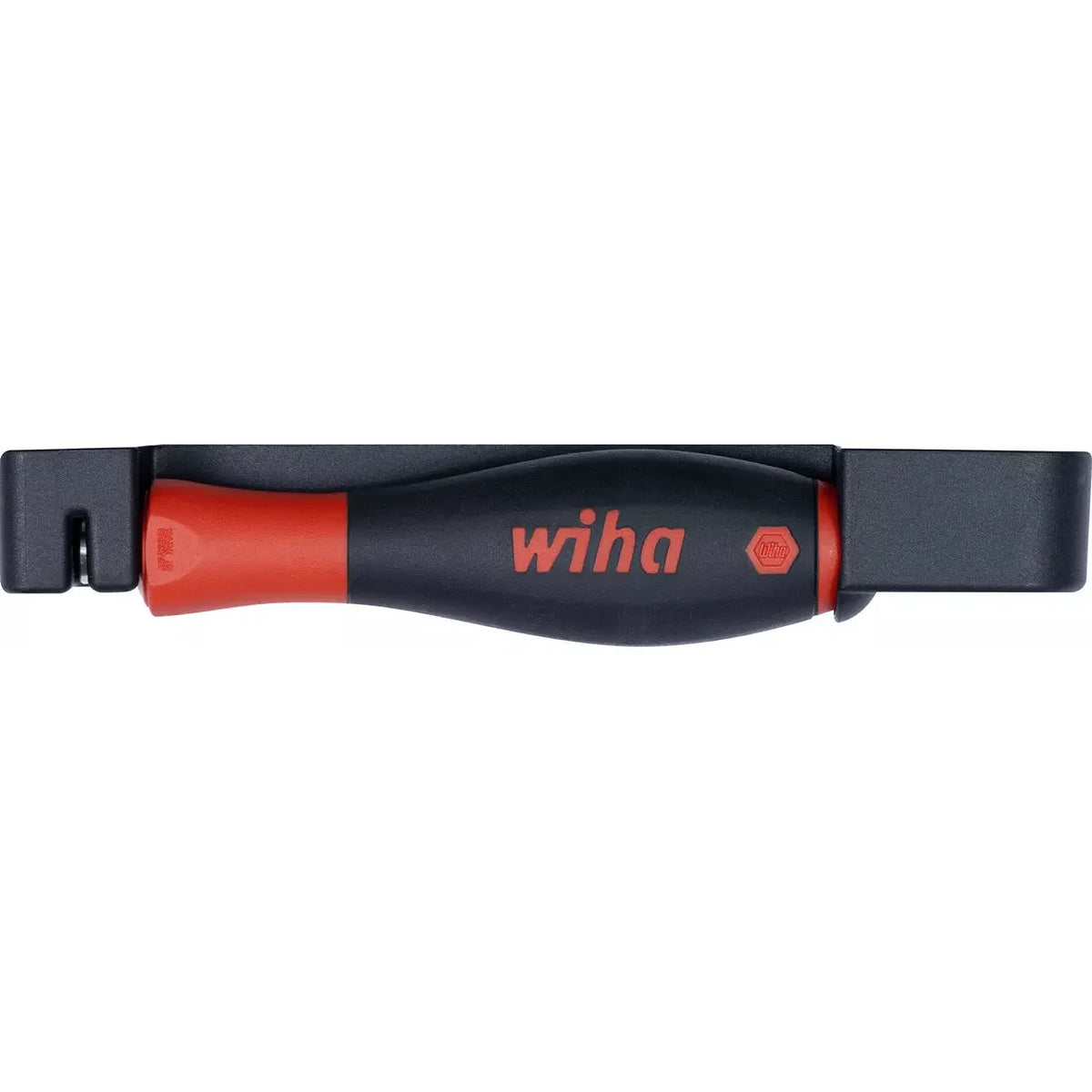 Ratchet screwdriver with black handle and red accents.