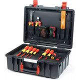 Black tool case with assorted red and yellow electric screwdrivers and pliers inside.