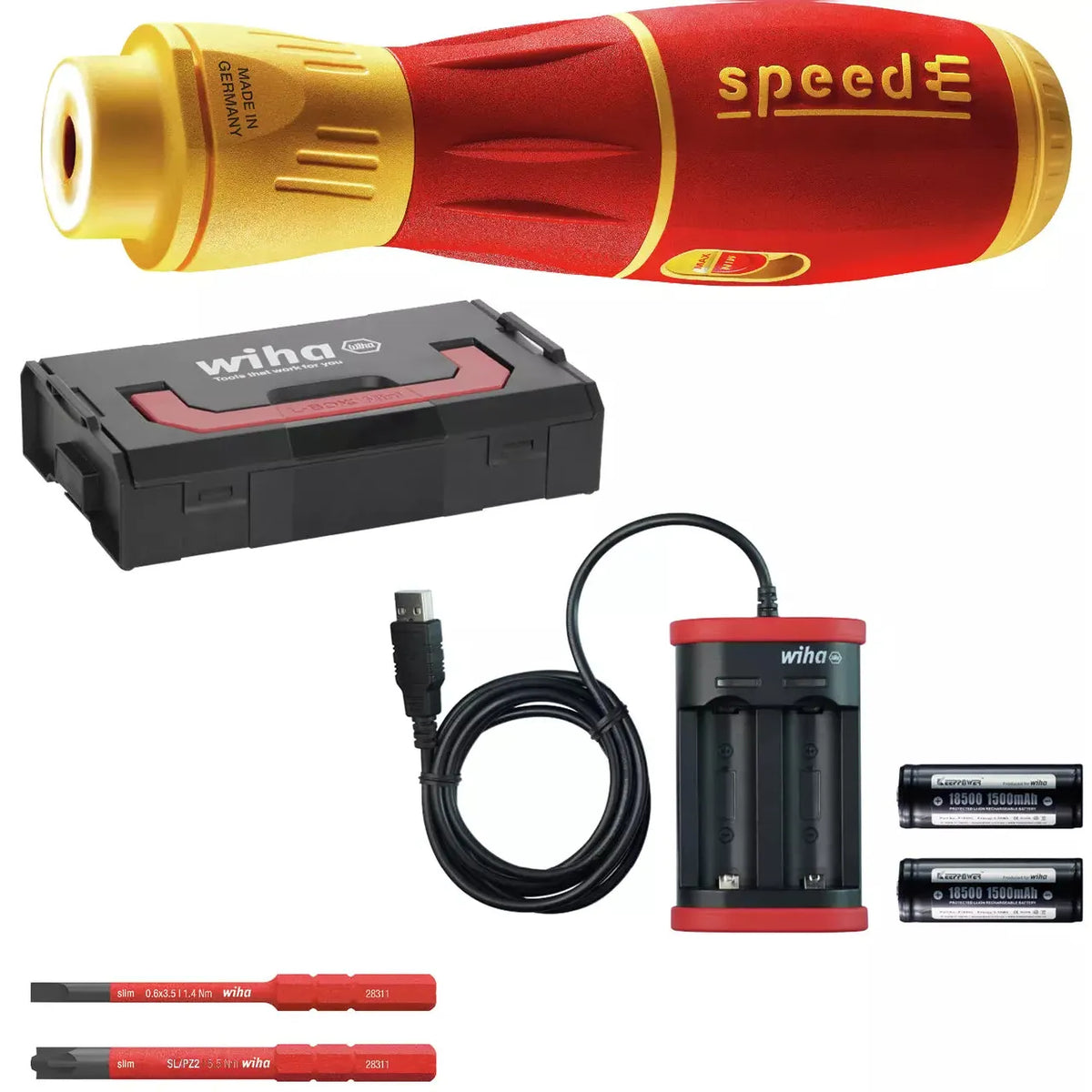 Set with red and yellow electric screwdriver, black case, charger, two batteries, and screwdriver bits.
