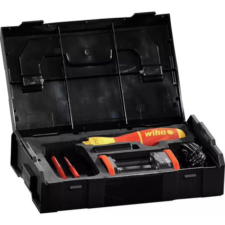 Open black case with an electric screwdriver set, including handle, bits, and charger.