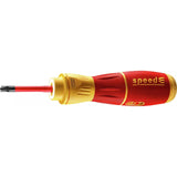 Red and yellow electric screwdriver with "speedE" branding.