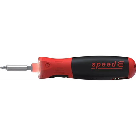 Black and red electric screwdriver with a metallic tip.