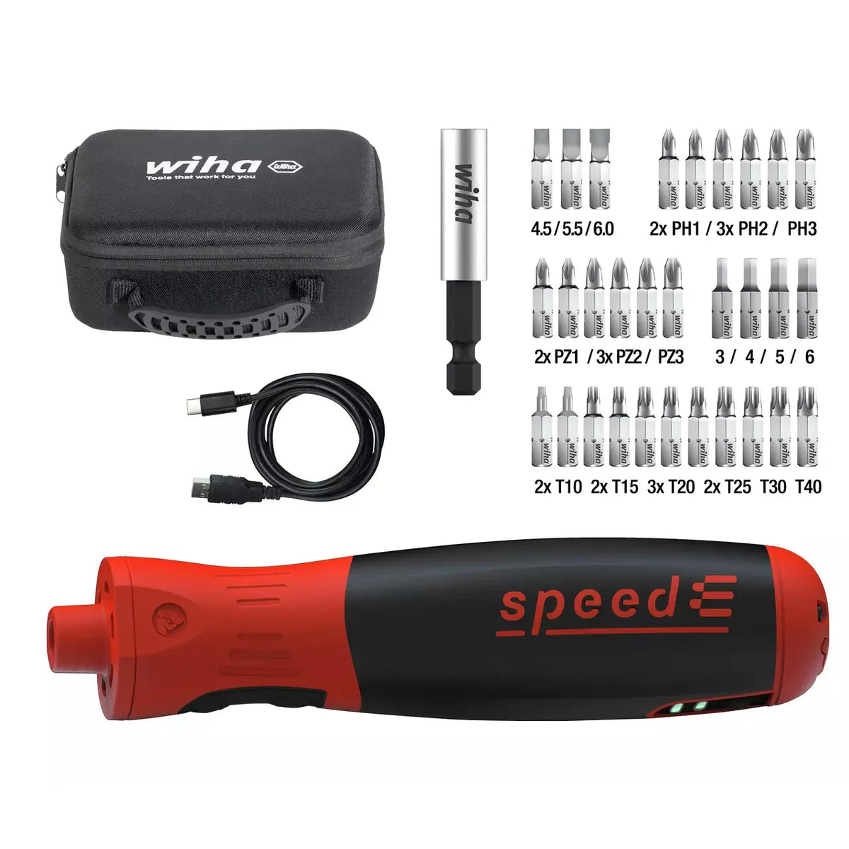 Electric screwdriver set with bits, USB cable, and carrying case
