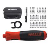 Electric screwdriver set with bits, USB cable, and carrying case