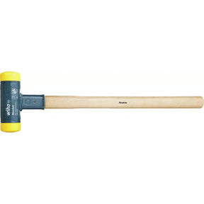 Non-rebound sledgehammer with wooden handle and yellow rubber ends.