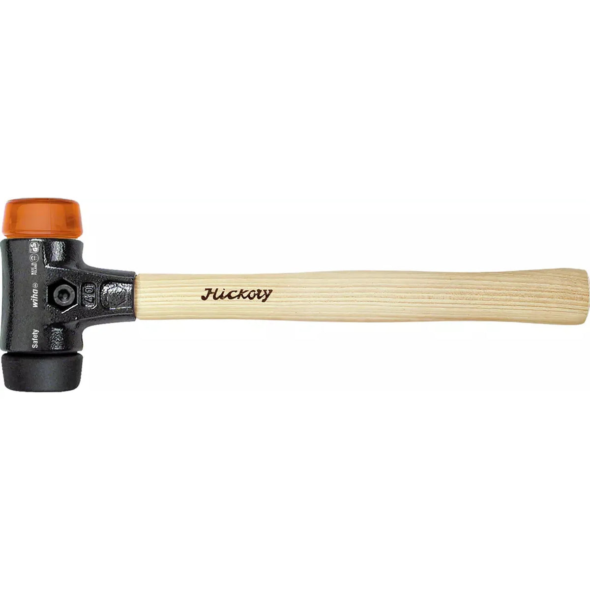 Soft-faced hammer with a wooden handle and round striking heads, one orange, one black.