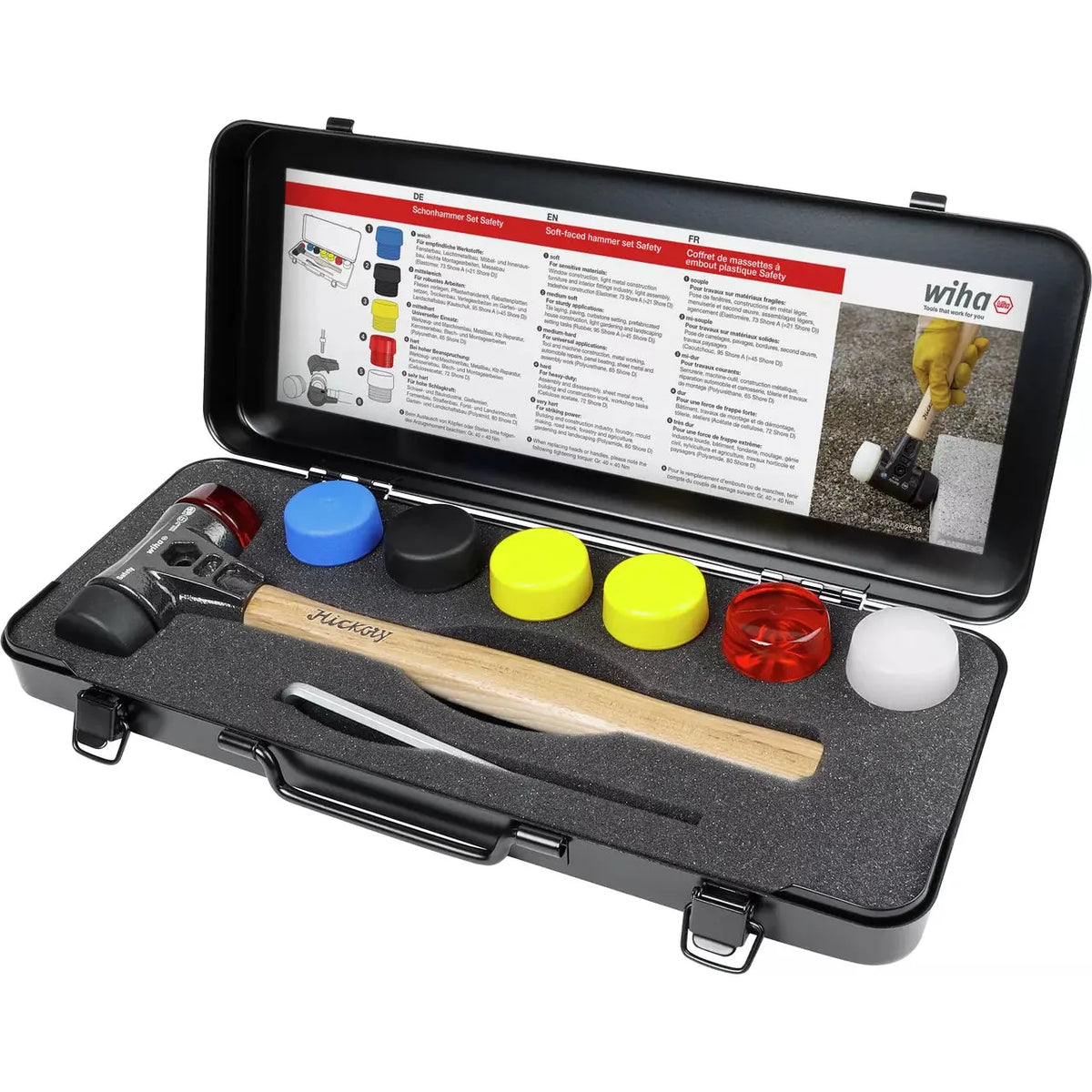 Soft-faced hammer set with interchangeable heads in a black case.