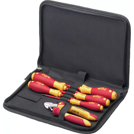 Electrician's tool set with insulated screwdrivers and pliers in a black case.