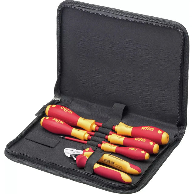 Electrician's tool set with insulated screwdrivers and pliers in a black case.